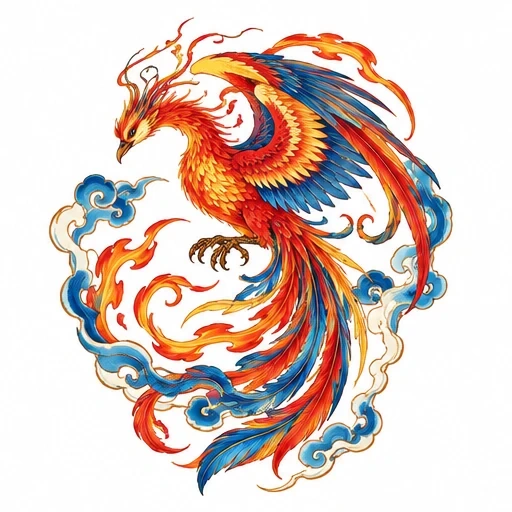 Colorful Japanese phoenix with orange, red, and blue feathers surrounded by swirling clouds and flames