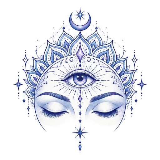 Serene face with closed eyes, a detailed third eye above the forehead, crescent moon, mandala petals, and star embellishments in blue and purple hues.
