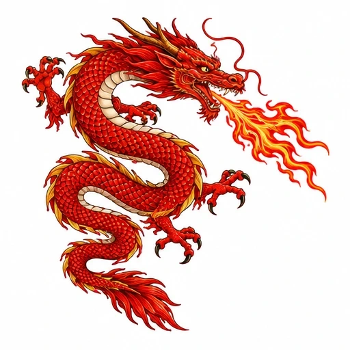 Illustration of a red dragon breathing fire with detailed scales and claws