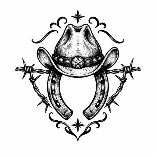 Black and white tattoo design featuring cowboy hat, horseshoes, barbed wire, and compass stars.