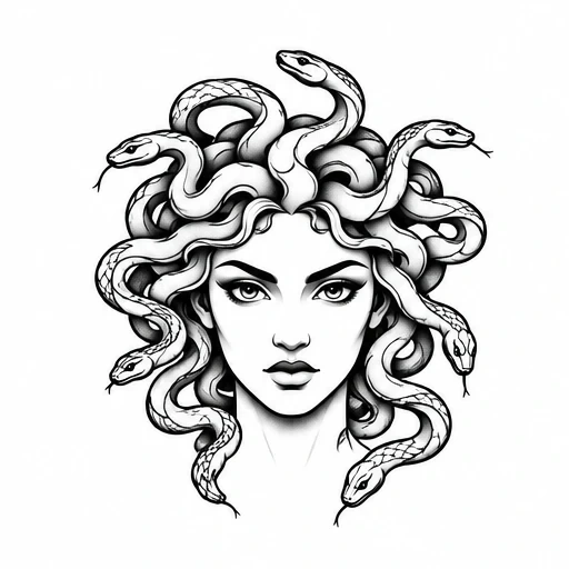 Black and white tattoo art of Medusa with snake hair and intense facial expression