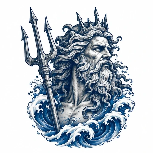 Illustration of Poseidon with crown, holding trident, surrounded by blue ocean waves