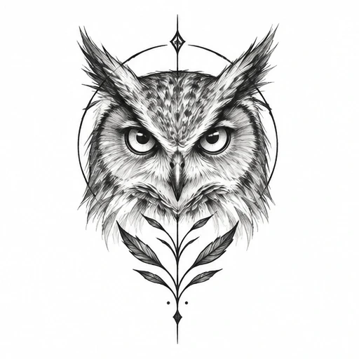 Black and gray detailed owl head with geometric circle and stylized leaves tattoo design