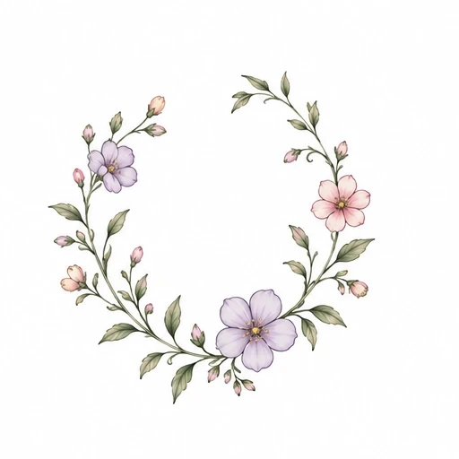 Wreath of pastel pink and purple flowers with green leaves and stems arranged in a semi-circle