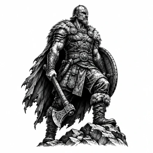 Black-and-white tattoo art of a Viking warrior with battle axe and shield standing on rocks