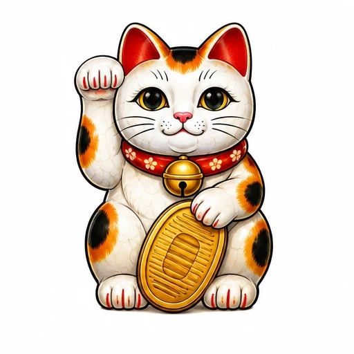 Traditional lucky cat tattoo with raised paw, red collar, gold coin, and orange-black patches