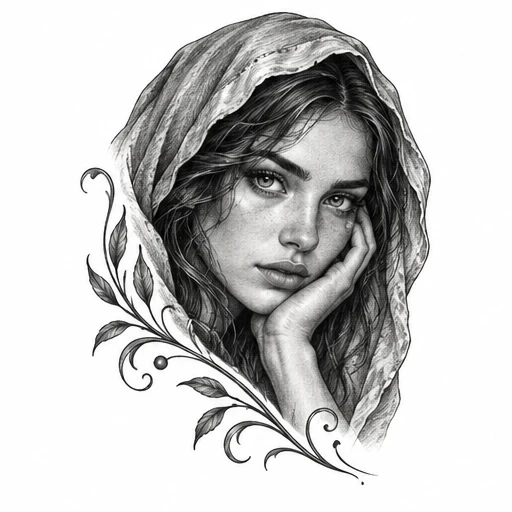 Graphite sketch of young woman in hood resting her face on her hand with leafy vine decoration below