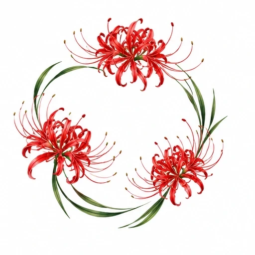 Red spider lily floral wreath tattoo design with green leaves on white background