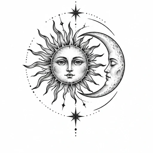 Black ink sun with face and crescent moon with profile face surrounded by stars and dotted circular lines.