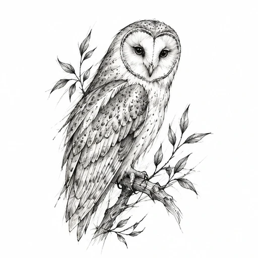 Black and white tattoo design of a barn owl perched on a leafy branch, detailed feathers and shading.