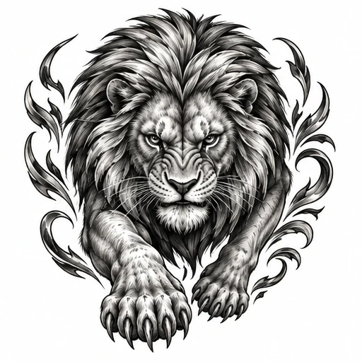 Black and grey tattoo design of a lion pouncing with flowing flame-like accents