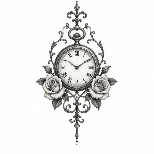 Black and grey tattoo design of a vintage pocket watch with Roman numerals surrounded by decorative swirling filigree and two roses with leaves on either side.