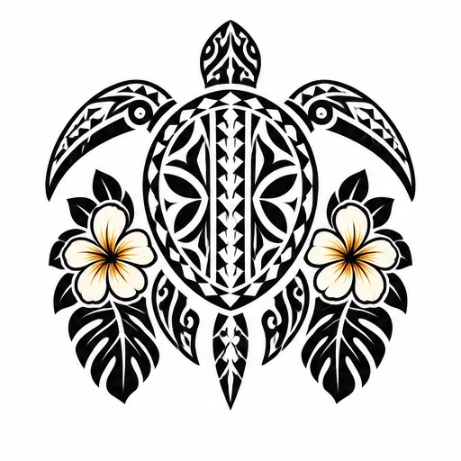 Polynesian turtle tattoo with black geometric patterns, Hibiscus flowers, and tropical leaves