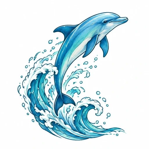 Illustration of a blue dolphin leaping out of curling ocean waves with water droplets