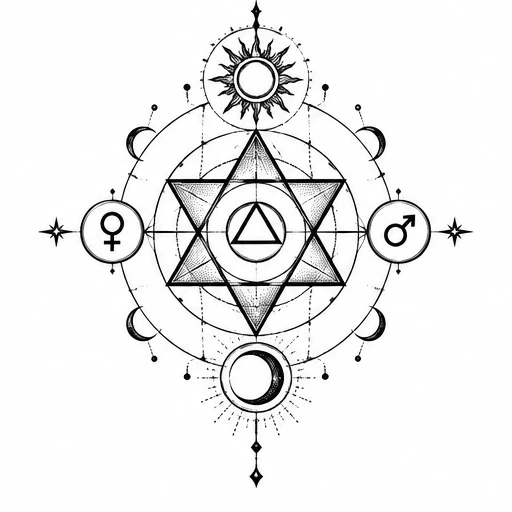 Black geometric alchemy tattoo with sun, moon, planets, and overlapping triangles.