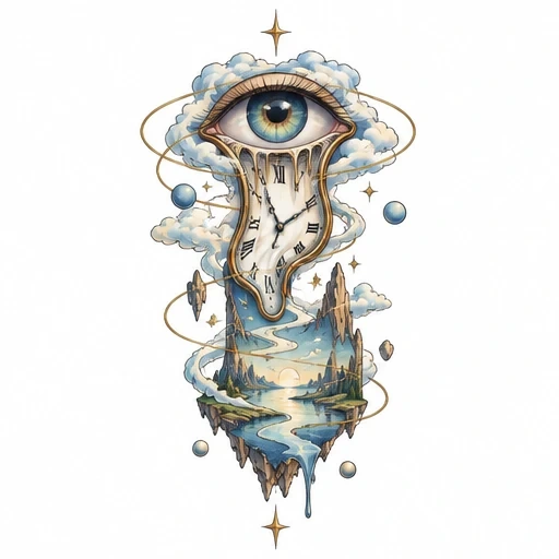 Surreal tattoo with a large blue eye, melting clock with roman numerals, floating landscape with water and mountains, golden rings, clouds, and stars.