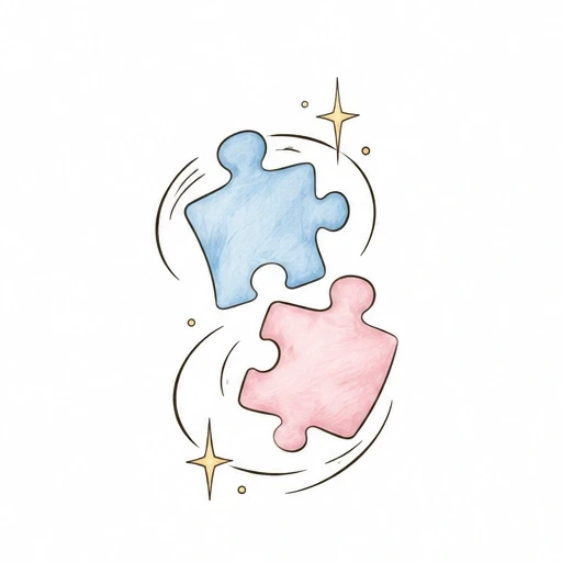 Blue and pink puzzle pieces with swirling motion lines and golden stars on a white background