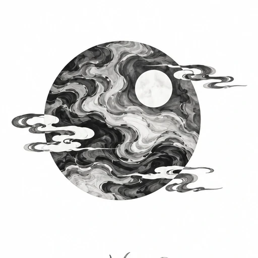 Black and white suminagashi ink circle with white moon and flowing clouds extending outward