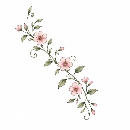 Tattoo design of pink flowers with green leaves on a twisting vine