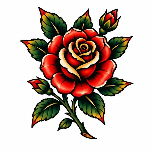 Traditional style red and yellow rose with green leaves tattoo design