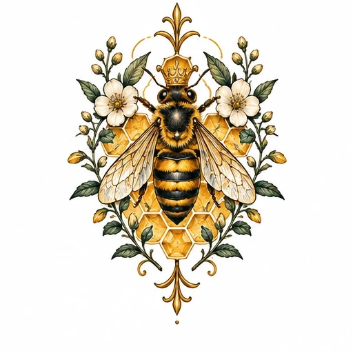 Queen bee with crown centered on honeycomb, flanked by white flowers and green leaves in symmetrical design.