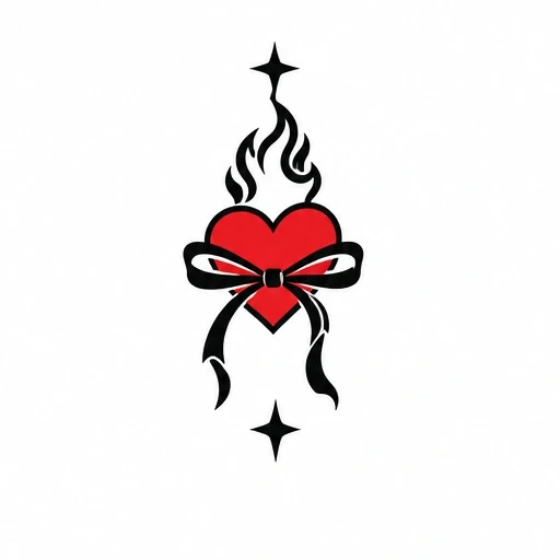 Red heart with black ribbon bow, black flames above and star sparkles