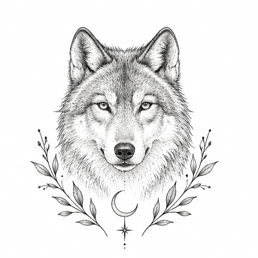 Black and grey single-needle tattoo design of a wolf head with crescent moon and floral sprigs