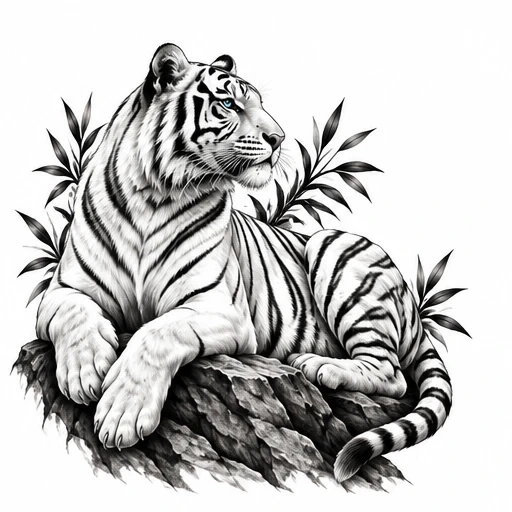 Black and white tattoo of a white tiger with blue eyes lying on rocks surrounded by leaves