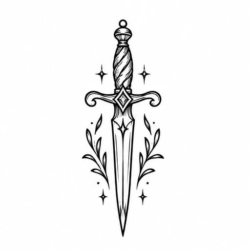 Black linework dagger tattoo design with decorative handle, sparkle stars, and leafy branches