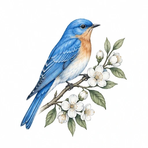 Bluebird perched on flowering branch with white blossoms and green leaves, realistic tattoo art.