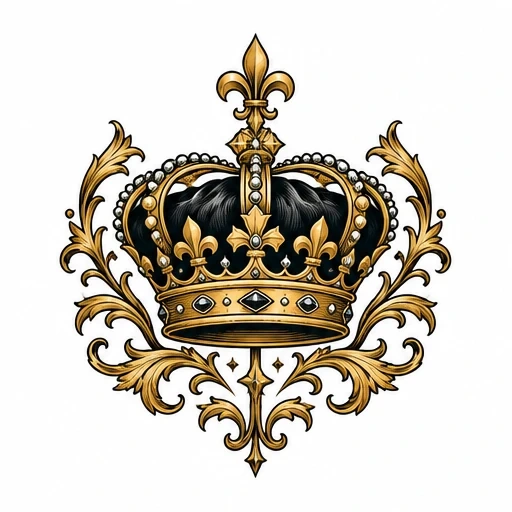 Illustrated royal crown with gold fleur-de-lis and decorative scrolls on white background