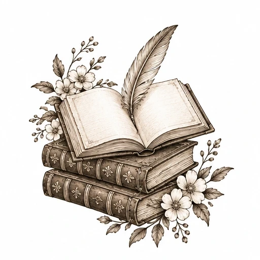 Vintage stack of leather-bound books with an open book, feather quill, and surrounding flowers and leaves tattoo design.