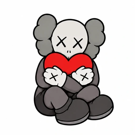 KAWS style figure sitting and holding a red heart with X eyes