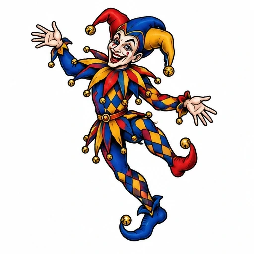 Jester dancing in colorful red, blue, and yellow diamond costume with bells