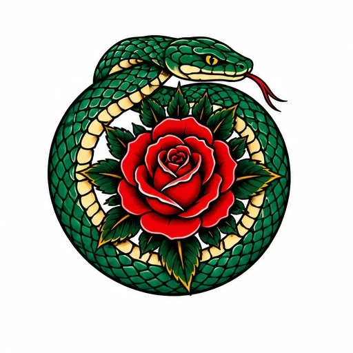 Traditional tattoo of a green snake coiled in a circle around a red rose with green leaves