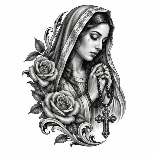 Black and grey tattoo design of a praying woman with tears, holding a rosary, surrounded by roses and pointed leaves.
