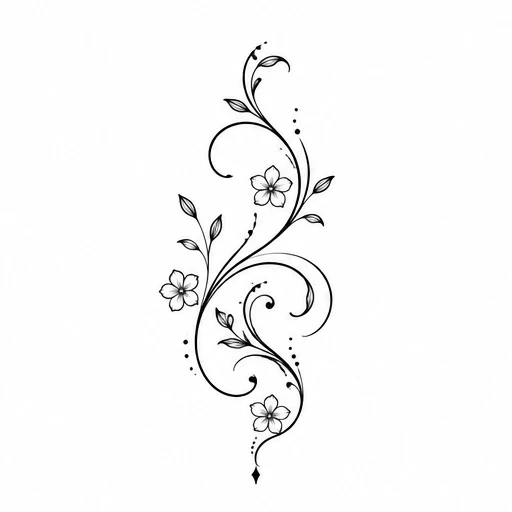 Minimalist floral vine tattoo with three small flowers and leaves in black fine lines