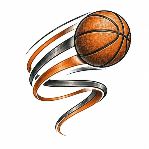 Basketball with two spiraling ribbons in orange and black creating dynamic motion