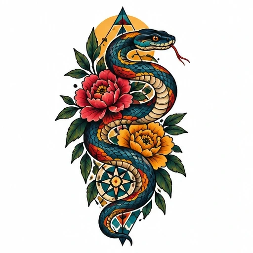 Tattoo artwork of a coiled snake wrapped around red and yellow peonies with green leaves and geometric elements