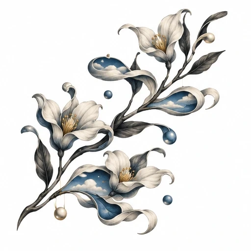 Surreal tattoo design of lilies with petals showing blue sky and clouds, surrounded by flowing leaves and small spheres.
