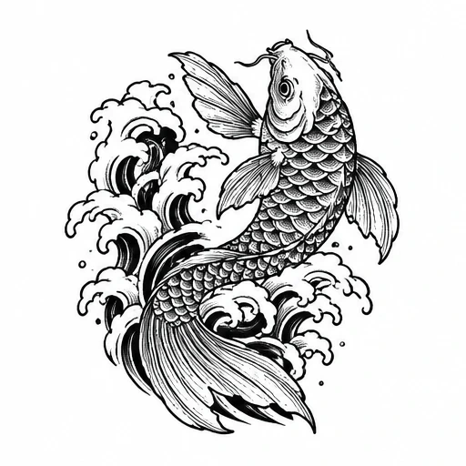 Black and white detailed koi fish tattoo design with intricate scales swimming amidst stylized waves