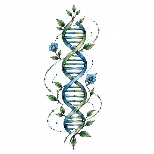 Tattoo design of a blue and green DNA double helix entwined with green leaves and blue flowers