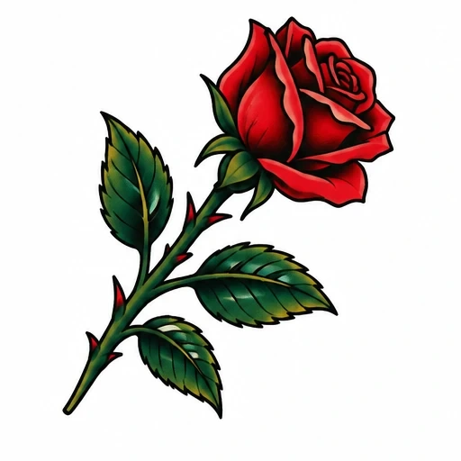 Traditional tattoo design of a red rose with green leaves and thorns on a curved stem