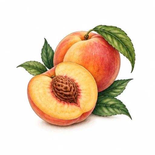 Illustration of a whole peach and a sliced peach half with pit, surrounded by green leaves.
