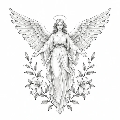 Black and gray drawing of a peaceful angel with large wings and lilies below