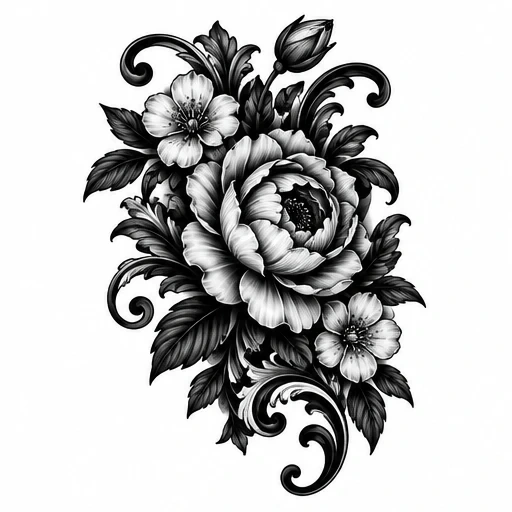 Black and gray tattoo of detailed peony flower with leaves and ornamental swirls