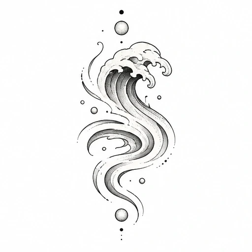 Minimalist stylized ocean wave tattoo design with dotwork shading and surrounding dots