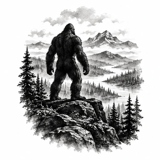 Black ink drawing of Bigfoot standing on rocks overlooking a misty forest, river, and mountains