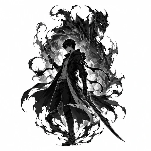 Monochrome tattoo design of a warrior with a sword and a fiery dragon-shaped phantom behind.