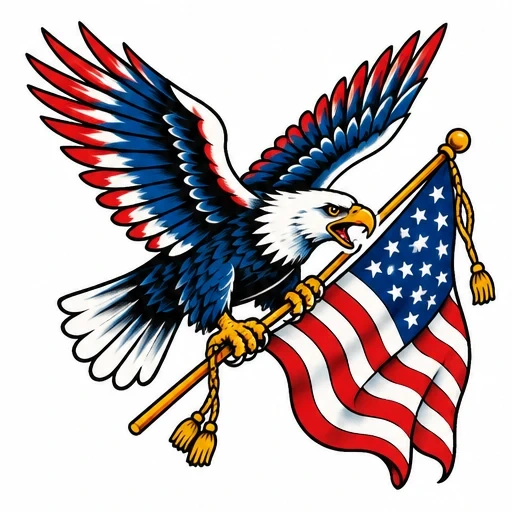 Bald eagle flying with spread wings holding an American flag on a pole